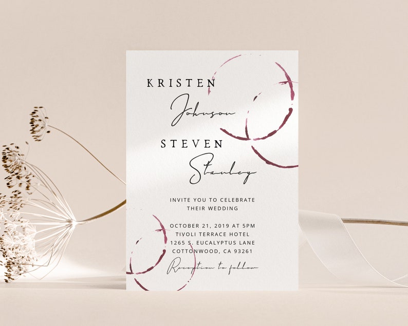 Wine Stain Wedding Invite, Wine Themed Invitation Suite, Elegant Wedding, Watercolor, Winery Wedding Invitation Suite, Burgundy Maroon image 3