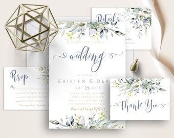 Bohemian Dusty Blue Wedding Suite, Greenery Succulent Eucalyptus, Elegant Wedding, Gold, Foliage Watercolor Invitation Set, Boho Wedding