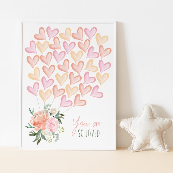 36 Balloon Hearts, Signature Guest Book, Floral Guestbook Poster, Baptism, Baby Shower, Nursery Wall Art Decor, Pink Peach Floral Greenery