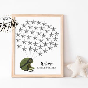 May include: A printable baby shower guest book with a green soldier helmet and a gray star design. The text reads "Welcome Little Soldier".