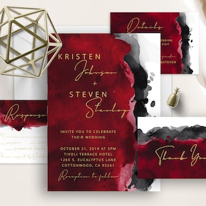 Red Black Watercolor Wedding Suite, Apple Red Watercolor Splash, Modern Calligraphy, Minimalist, Elegant, Simple Wedding, Deep Red