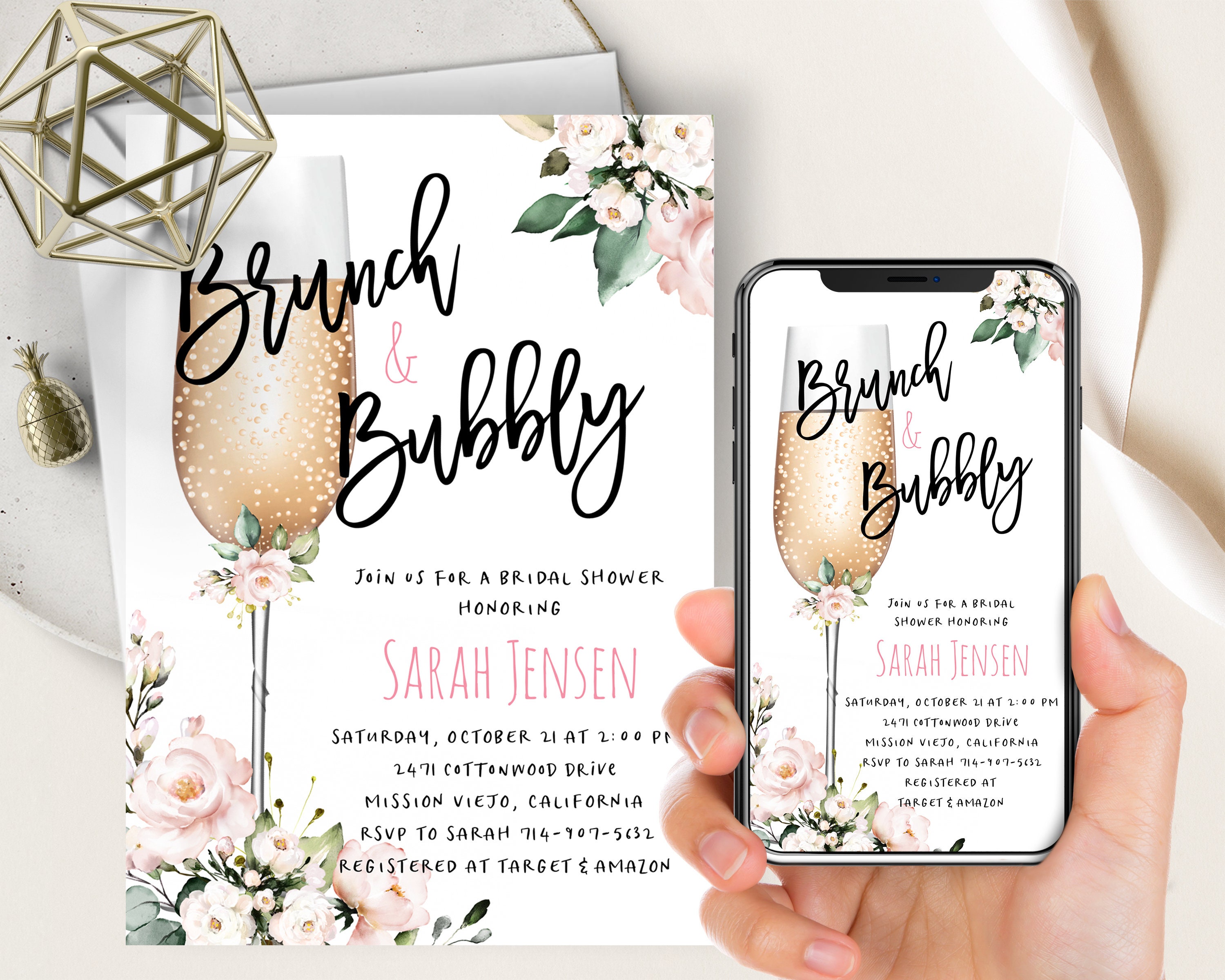 Engagement Wedding Shower Invitation Printed or Printable Bridal Shower Invitation Brunch /& Bubbly Couples SHIPPING INCLUDED 5x7
