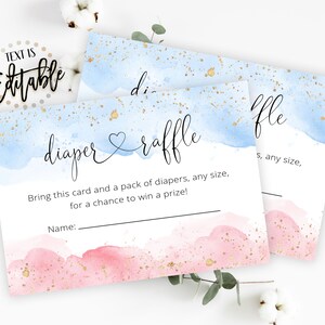 Carte de tombola de couche aquarelle, Splash aquarelle rose et bleu, paillettes d'or, apporter un paquet de couches, décor de révélation de genre, Baby Shower