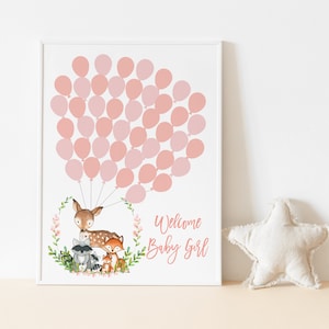 Libro de visitas con globos de animales del bosque, animales del bosque, póster con firma, baby shower, letrero de baby shower con globos, baby shower de animales del bosque