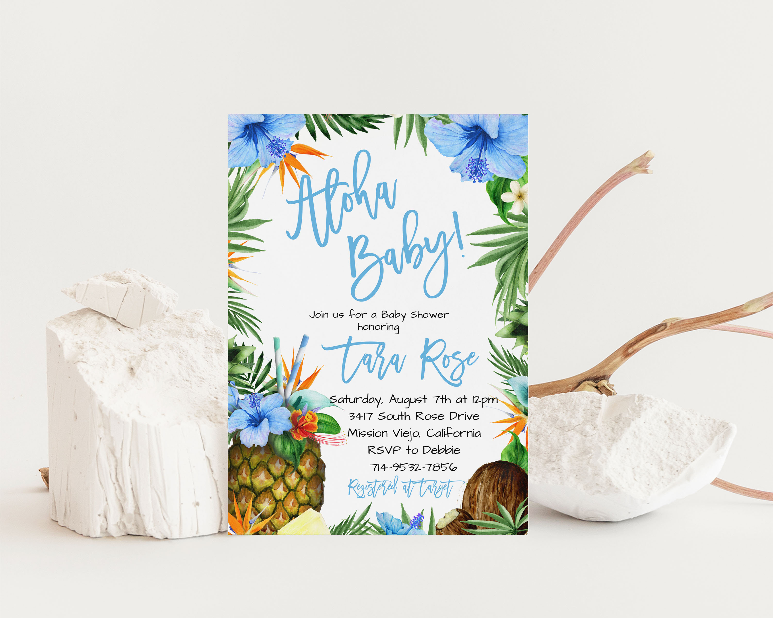 Blue Aloha Baby Shower Invite Tropical Luau Boy Invitation Etsy
