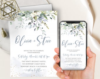Dusty Blue Greenery Wedding Phone Evite+Printable Invite, Eucalyptus Leaves, Gold, Bohemian, Boho, Watercolor, Electronic, Digital