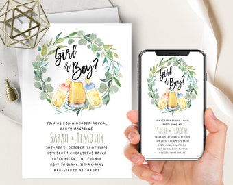 Brewing Gender Reveal Invite, Baby Is Brewing, Boy Or Girl, Bottles and Beers, Gender Reveal Party, Coed Baby Shower, He or She, Evite