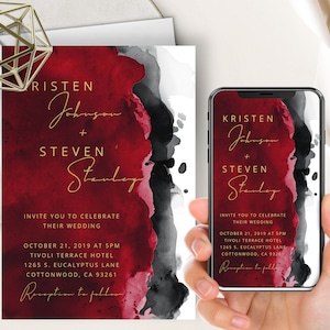 Red Black Watercolor Wedding Phone Evite+Printable Invite, Apple Red, Charcoal, Minimalism, Modern, Electronic, Text Message Invitation