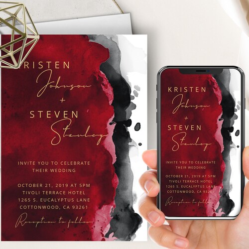 Evite de téléphone de mariage aquarelle rouge noir + invitation imprimable, rouge pomme, charbon de bois, minimalisme, moderne, électronique, faire-part SMS