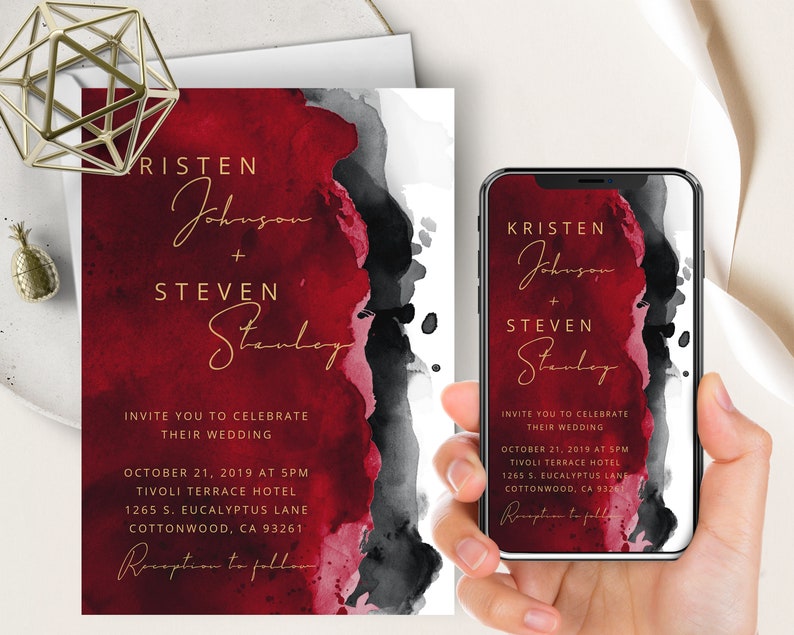 Red Black Watercolor Wedding Phone EvitePrintable Invite, Apple Red, Charcoal, Minimalism, Modern, Electronic, Text Message Invitation image 1