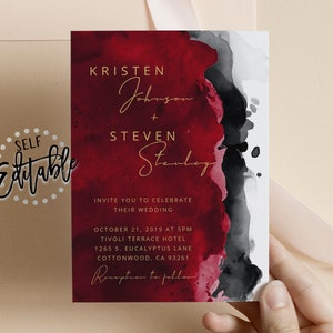 Red Black Watercolor Wedding Phone EvitePrintable Invite, Apple Red, Charcoal, Minimalism, Modern, Electronic, Text Message Invitation image 4