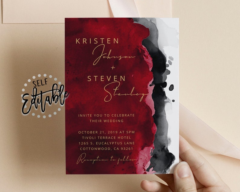 Red Black Watercolor Wedding Phone EvitePrintable Invite, Apple Red, Charcoal, Minimalism, Modern, Electronic, Text Message Invitation image 4