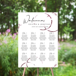 Gráfico de assentos para casamento com manchas de vinho, placa de número de mesa, casamento com tema de vinícola, caligrafia moderna, minimalista, plano de assento editável, Borgonha