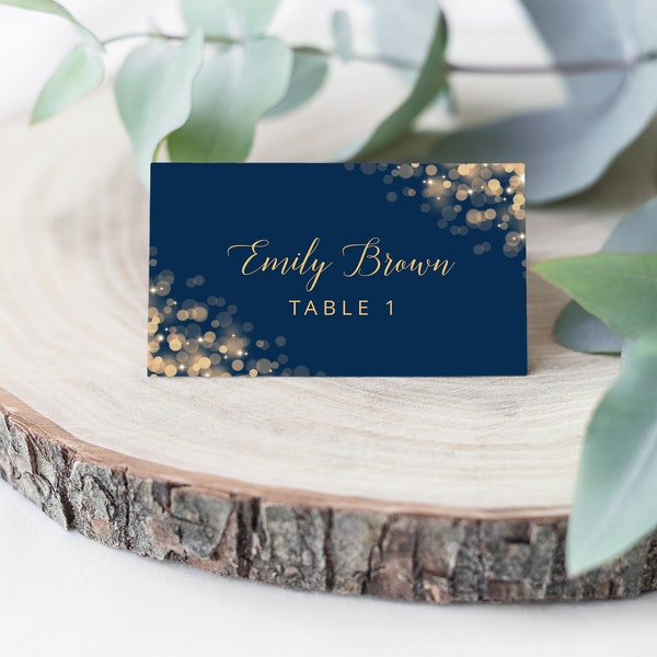 Navy & Gold Place Card, ANY OCCASION Seating Card, Champagne Bokeh Lights, Self Editable, Tent-Card, DIY Name Cards, Wedding, Navy Blue