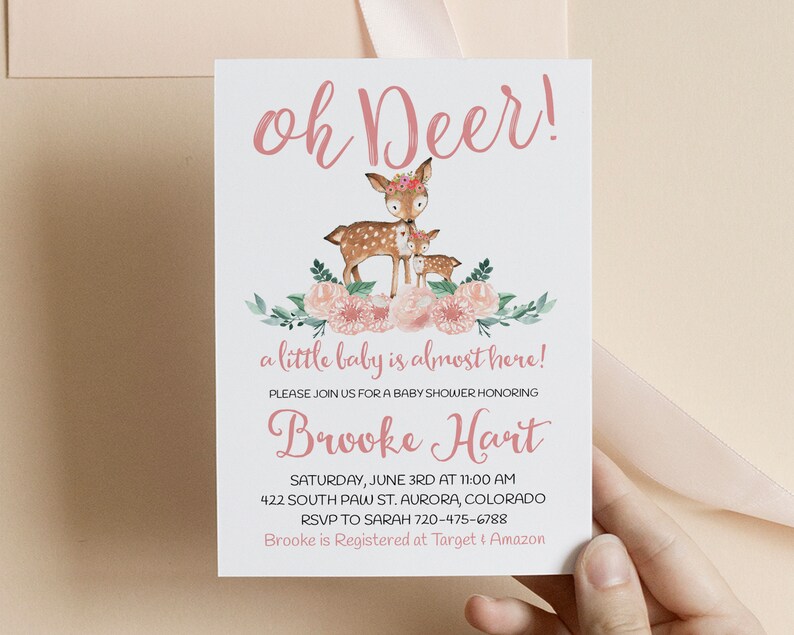 Baby Girl Shower Invitation Watercolor Deer Floral Baby | Etsy
