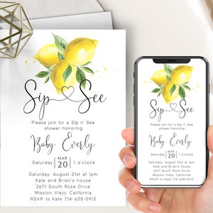 Lemon Sip N' See Phone Evite+Printable Invite, Citrus Lemons, Lemon Baby Shower, Text Message Invite, Watercolor, Digital, Calligraphy Heart