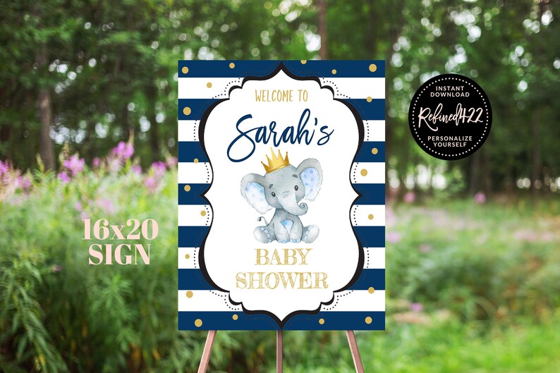Blue And White Stripes Blue Elephant Navy Blue And Gold Table Sign Boy Elephant Crown Baby Shower Sign Prince Elephant Welcome Sign