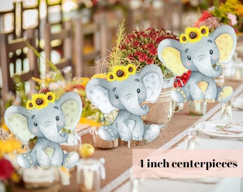 Elefanten Ausschnitt, Mittelstücke, Grün Grau Gelb Elefanten, Sonnenblumen, Mädchen Oder Junge, Gender Neutral, Baby Shower Decor, Geburtstag