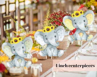Elephant Cutout, Centerpieces, Green Gray Yellow Elephants, Sunflowers, Girl Or Boy, Gender Neutral, Baby Shower Decor, Birthday
