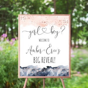 Rose Gold Gender Reveal Welcome Sign, Blush And Navy Blue Watercolor Splash, Boy Or Girl Poster, Reveal Party, Blush Pink, Heart Calligraphy