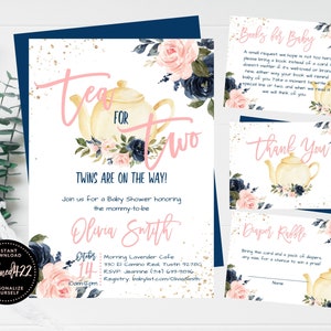 Twins Tea For Two Invite, Babies Are Brewing Invitation Set, Pink Navy Floral, Boy Or Girl, Brunch Tea Time, Teapot Shower Invite, Editable