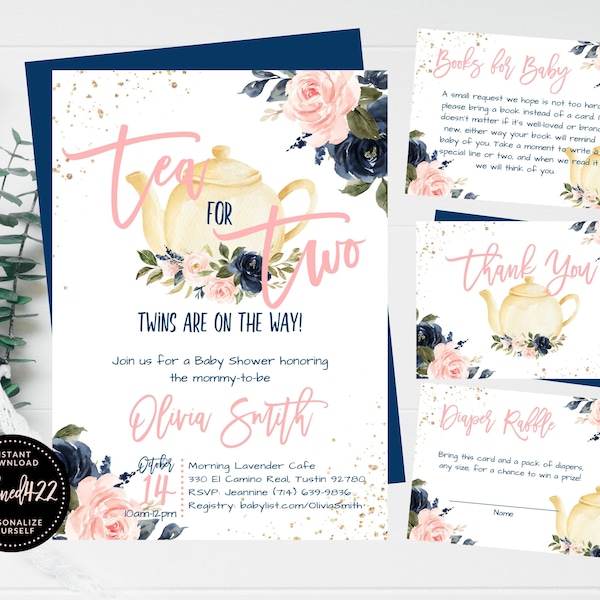 Twins Tea For Two Invite, Babies Are Brewing Invitation Set, Pink Navy Floral, Boy Or Girl, Brunch Tea Time, Teapot Shower Invite, Editable