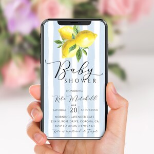 Lemons Baby Shower Electronic Invite, Blue Watercolor Stripes, Boy Invitation, Evite, Citrus, Summer, Text Message Invite, Digital