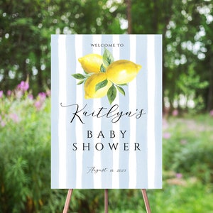 Letrero de bienvenida para baby shower de limón, rayas azules, cítricos, Main Squeeze, verano, limones, póster de bienvenida para baby shower de niño, plantilla