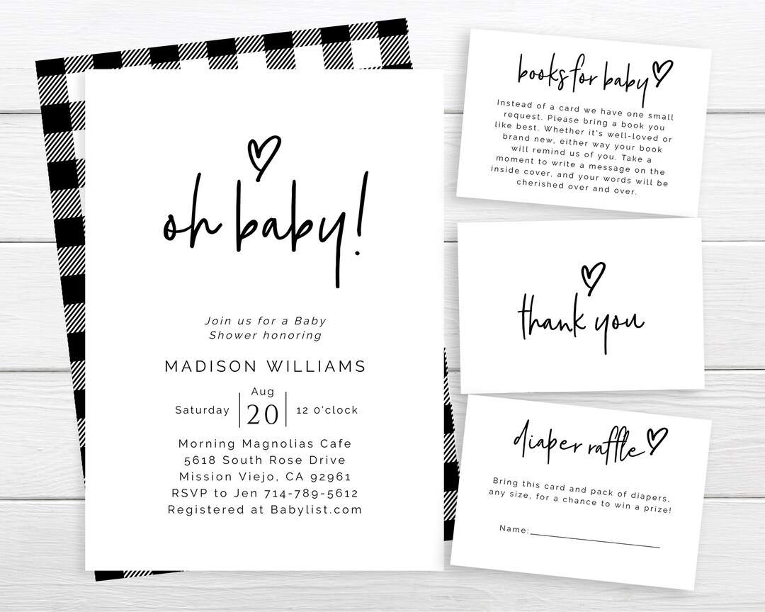 Plaid Baby Shower Invitation, Black and White, Minimalism, Simple Baby Shower Invite, Oh Baby