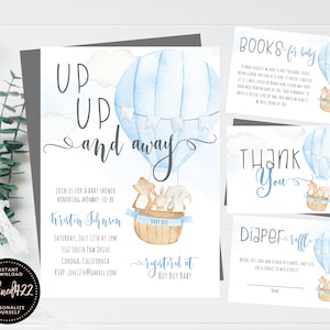 Blue Hot Air Balloon Baby Shower Invite, Up Up And Away, Boy Baby Shower Invitation, Watercolor, Instant Download, Editable Template