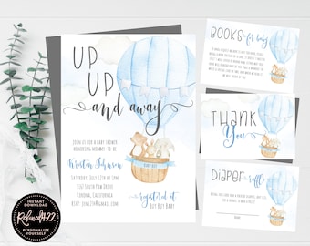 Blue Hot Air Balloon Baby Shower Invite, Up Up And Away, Boy Baby Shower Invitation, Watercolor, Instant Download, Editable Template