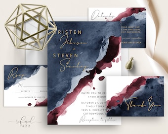 Navy Blue Burgundy Watercolor Wedding Invite, Modern Calligraphy, Minimalist, Watercolor Splash, Gold, Maroon, Elegant, Simple