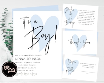 Blue Heart It's a Boy Shower, Simple Baby Shower Invite, Modern Baby Shower, Boy Baby Shower, Simple Baby Invite, Instant Download
