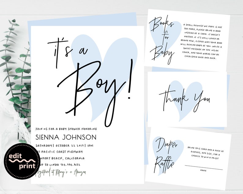 Simple Baby Shower Invite Simple Baby Invite Modern Baby Shower Instant Download Blue Heart It/'s a Boy Shower Boy Baby Shower