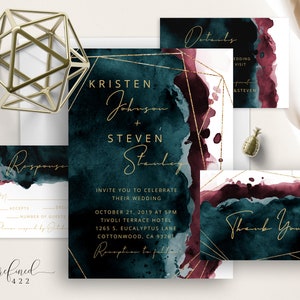 Teal And Burgundy Watercolor Wedding Suite, Blue Green Watercolor Splash, Modern Calligraphy, Minimalist, Gold Geometric Frame, Template