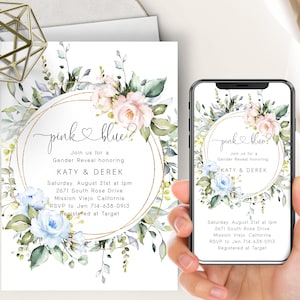 Floral Gender Reveal Phone Evite + Printable Invite, Pink Blaue Rosen, Blumenrahmen, Junge oder Mädchen, Rosa oder Blau, Er oder Sie, Greenery Eukalyptus