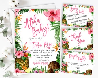 May include: Tropical themed baby shower invitation with pink and green floral accents. The invitation reads "Aloha Baby!" and includes details for the shower, including the date, time, location, and RSVP information. The invitation also includes a pineapple and coconut design.