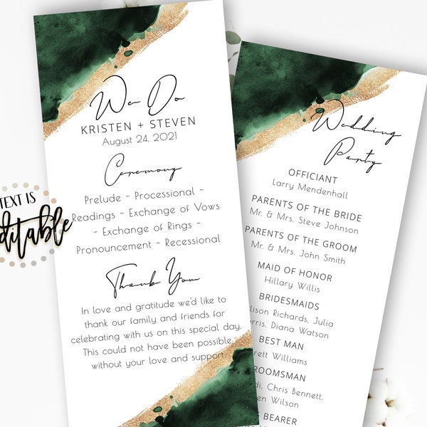 Emerald & Gold Watercolor Wedding Program Template, Emerald Green Watercolor Splash, Tea Length, Printable Ceremony, Order Of Events