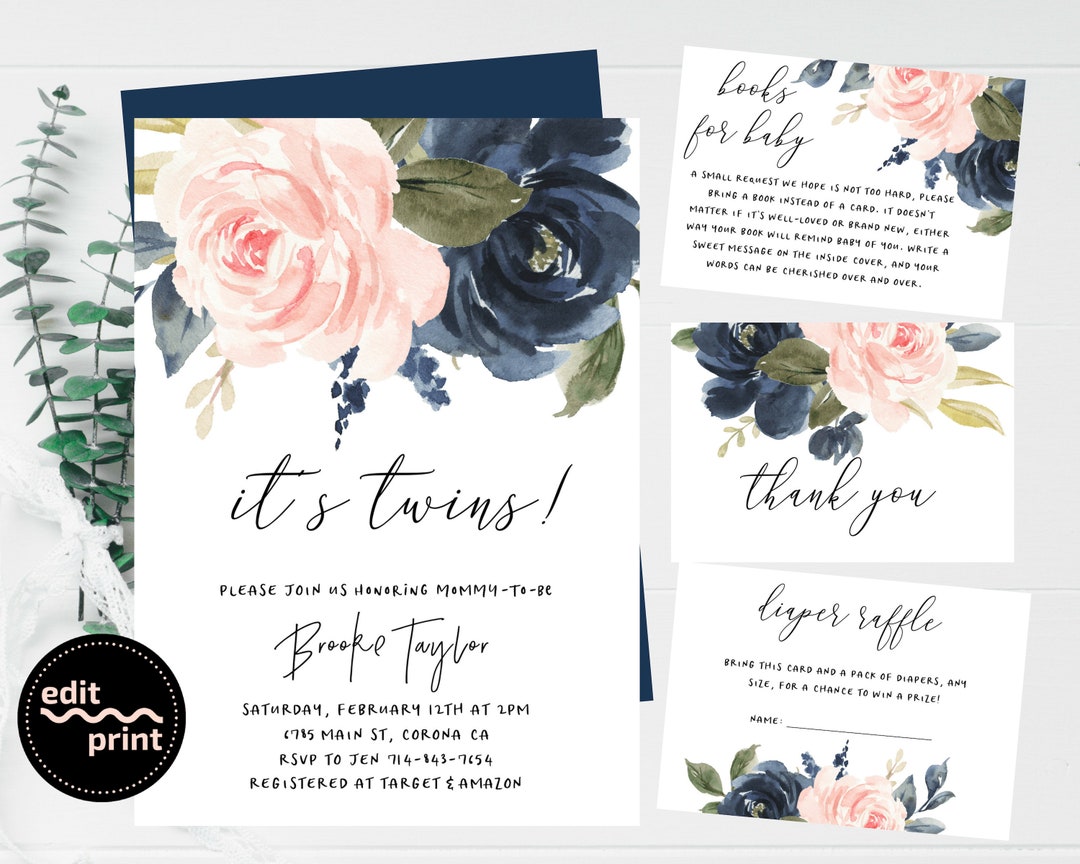 Twins Baby Shower Invite Boy Girl Twins Pink Navy Floral - Etsy