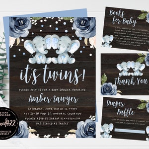 Boy Twins Invitation, Blue Elephant Baby Shower, It's Twins Invite, Navy Floral Watercolor, Rustic Twins Shower, It's Twin Boys Invite