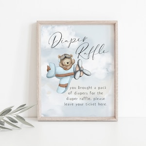 Airplane Teddy Bear Diaper Raffle Sign, Vintage Airplane, Up Up and Away, Fly High, We Can Bearly Wait, Boy Baby Shower Sign