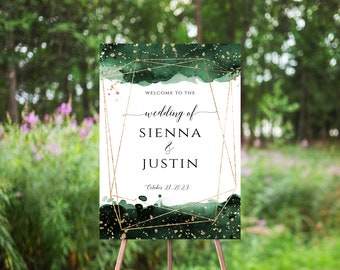 Emerald Watercolor Wedding Welcome Sign, Geometric Gold Frame, Forest Green, Gold Glitter, Minimalist, Modern Welcome Poster, Template