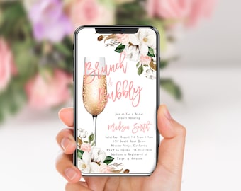 Brunch e frizzante telefono per addio al nubilato Evite, cotone magnolia, invito elettronico digitale, floreale rosa cipria, flute di champagne
