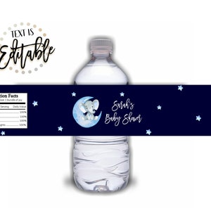 Twinkle Elephant Water Bottle Label Template, Blue Elephant Baby Shower Decor, Twinkle Little Star, Editable Water Bottle Labels, Moon