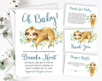 Sloth Baby Shower Invite, Boy Baby Shower, Greenery, Oh Baby Invitation, Cute Baby Sloth, Instant Download, Printable, Editable