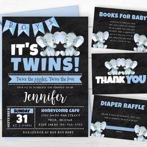Twin Boys Invitation, Blue Elephant Baby Shower, It's Twins Invite, Chalkboard, Blue Elephants, Instant Download, Editable Template