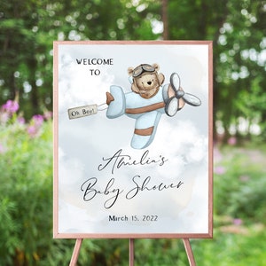 Airplane Teddy Bear Welcome Sign, Vintage Airplane, Up Up and Away Baby Shower, Large Welcome Poster, Fly High, We Can Bearly Wait, Oh Boy