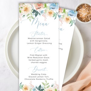 Menú de cena floral, azul polvoriento y melocotón floral, menú de comida de boda, plantilla de menú de boda, acuarela floral, menú de bricolaje, flores azules rosas
