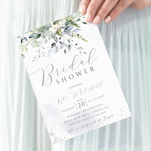 Bohemian Greenery Bridal Shower Phone Evite+Printable Invite, Dusty Blue Watercolor, Botanical Eucalyptus, Wedding Shower, Leaves, Boho,Gold