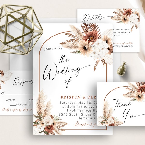 Boho Pampas Floral Wedding Invite Set, Rustic, Burnt Orange, Dried Flowers, Arch, Earth Tones, Pampas Grass, Terracotta, Bohemian, Template